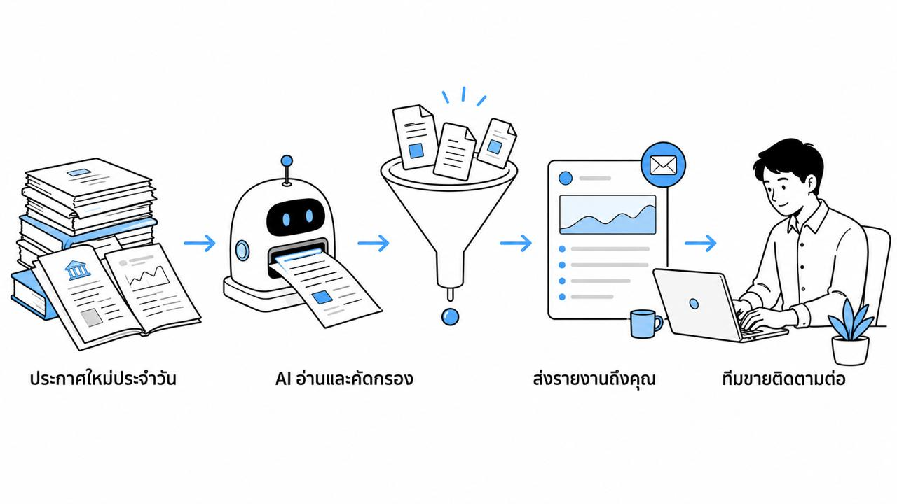 ภาพอธิบาย AI อ่านประกาศจัดซื้อจัดจ้างใหม่ทุกวัน คัดกรอง และส่งรายงานให้ผู้ใช้งาน